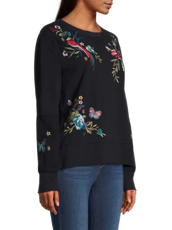 Johnny Was Gen French Terry Pullover Floral Embroidered Top Sweatshirt Black New