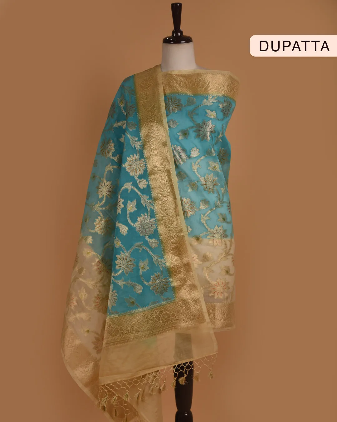 Light Beige With Blue Chanderi Woven Unstitched Suit Fabric Set With Chanderi Woven Dupatta
