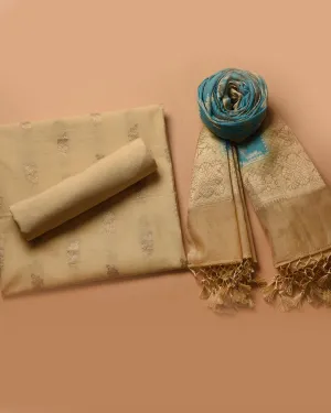 Light Beige With Blue Chanderi Woven Unstitched Suit Fabric Set With Chanderi Woven Dupatta