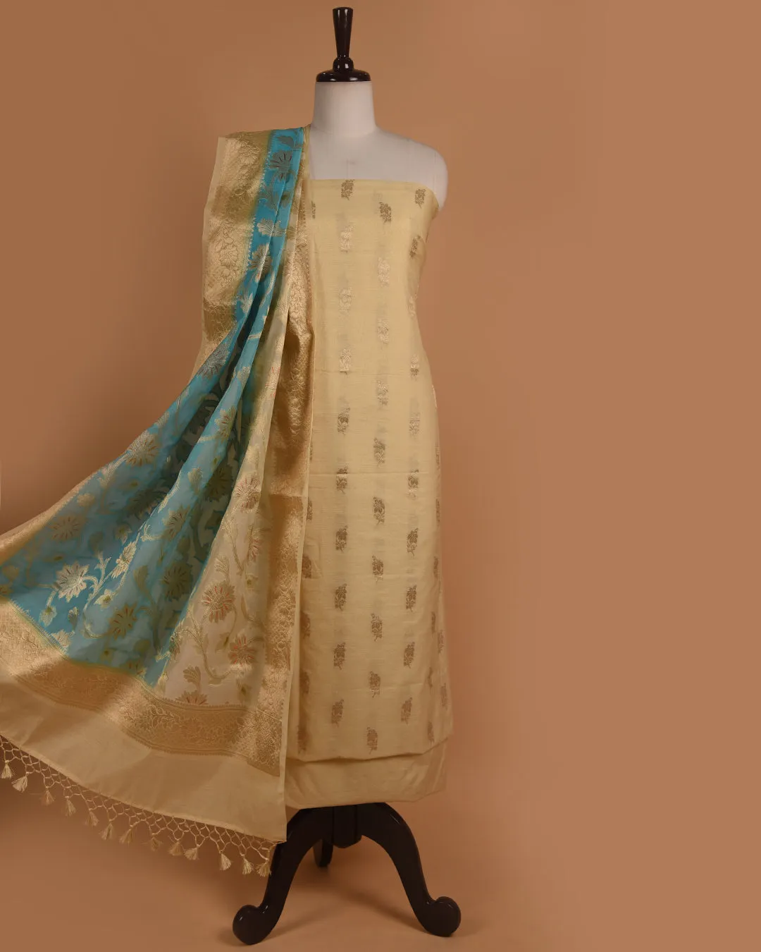 Light Beige With Blue Chanderi Woven Unstitched Suit Fabric Set With Chanderi Woven Dupatta