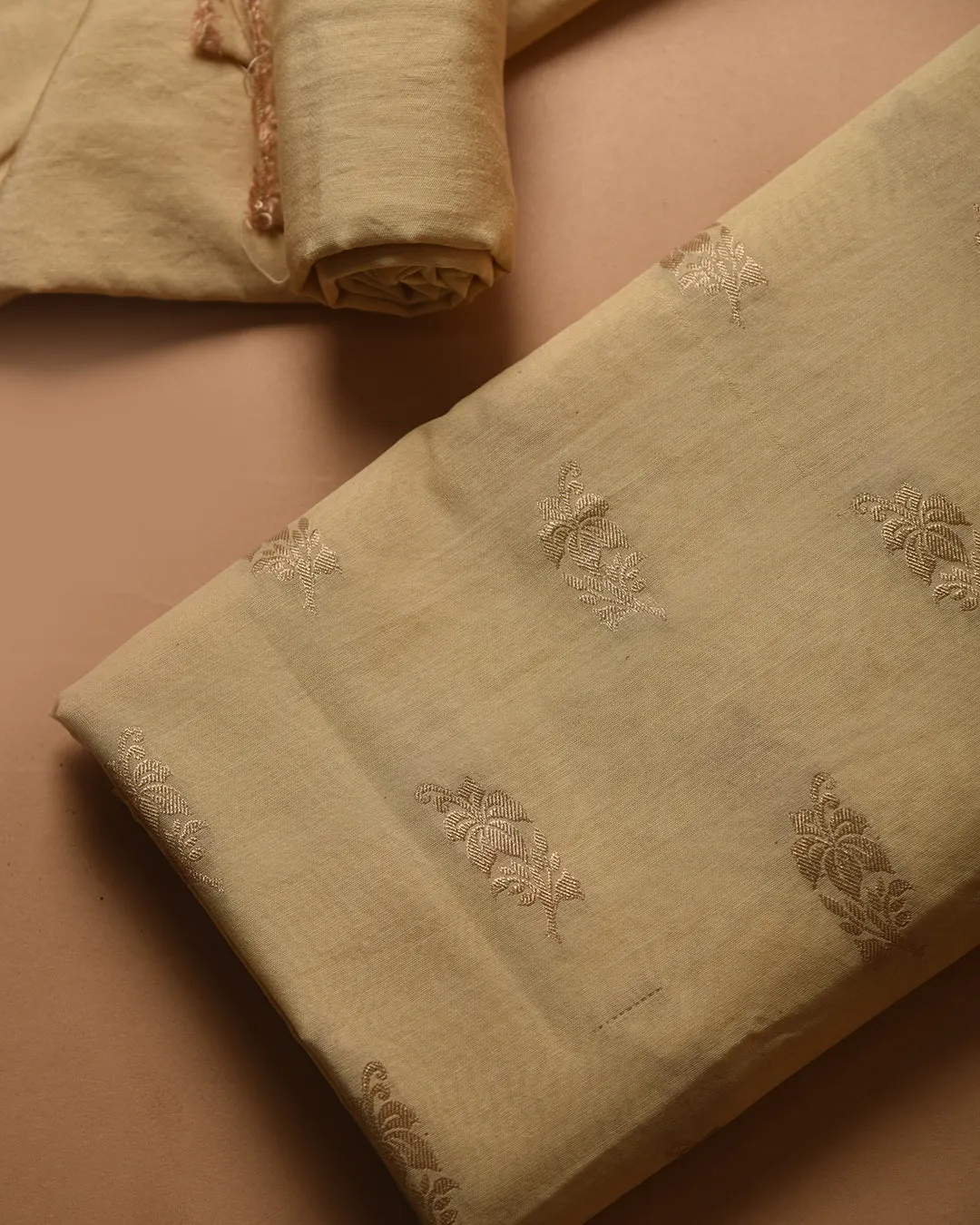 Light Beige With Blue Chanderi Woven Unstitched Suit Fabric Set With Chanderi Woven Dupatta