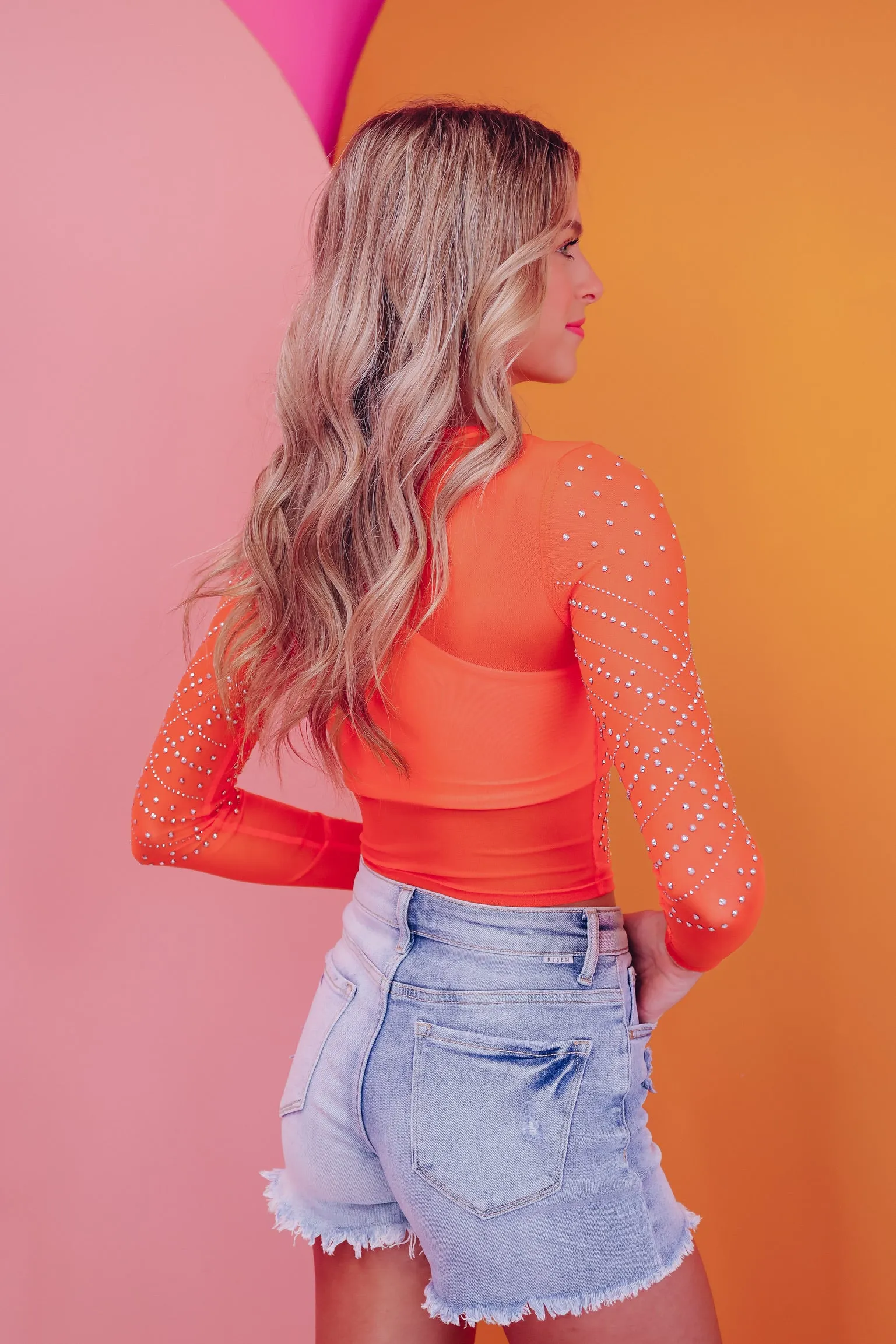 Mari Rhinestone Mesh Crop Top - Orange