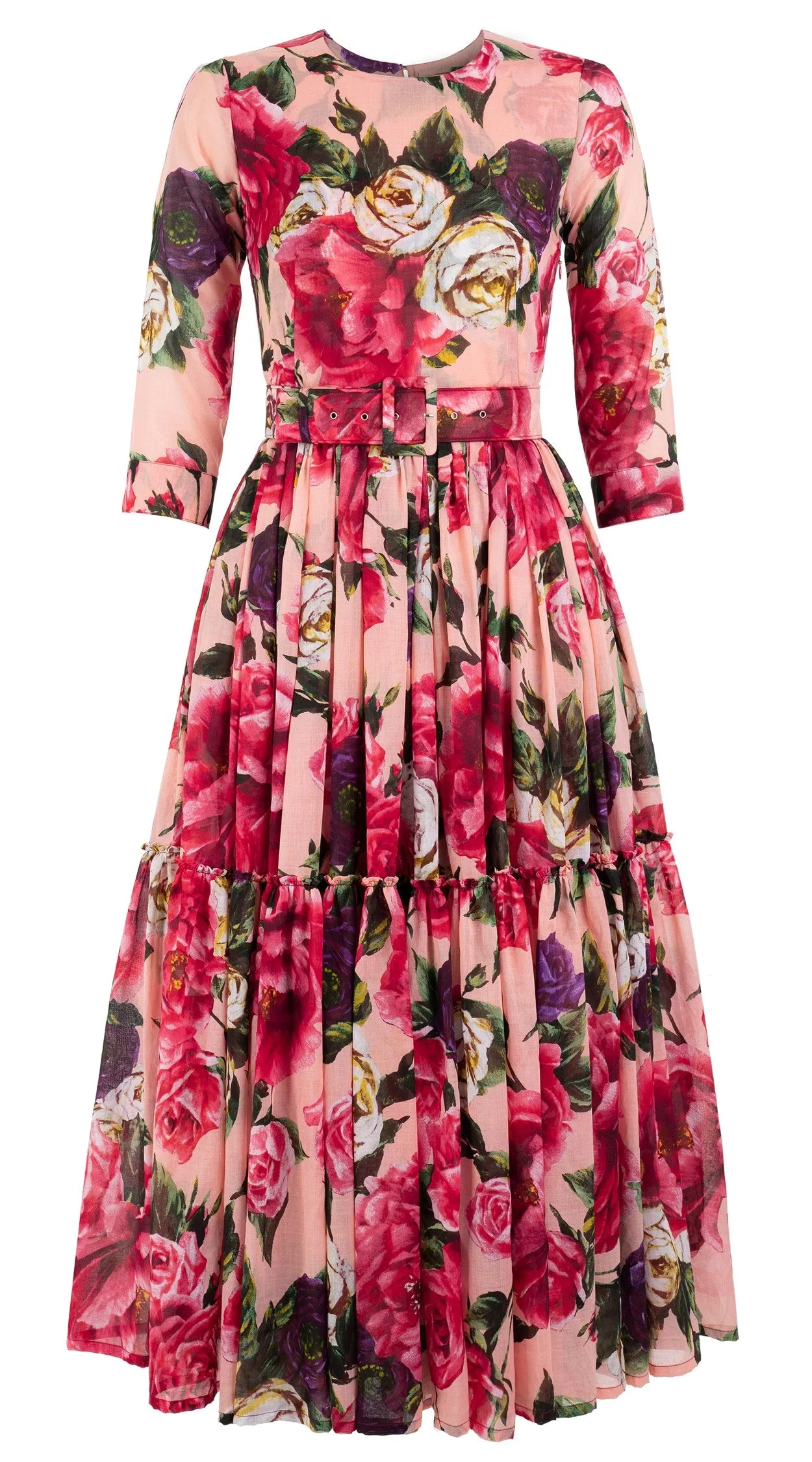 Melanie Dress #1 Crew Neck 3/4 Sleeve Midi Plus Length Cotton Musola (Peony Kimono All Over)