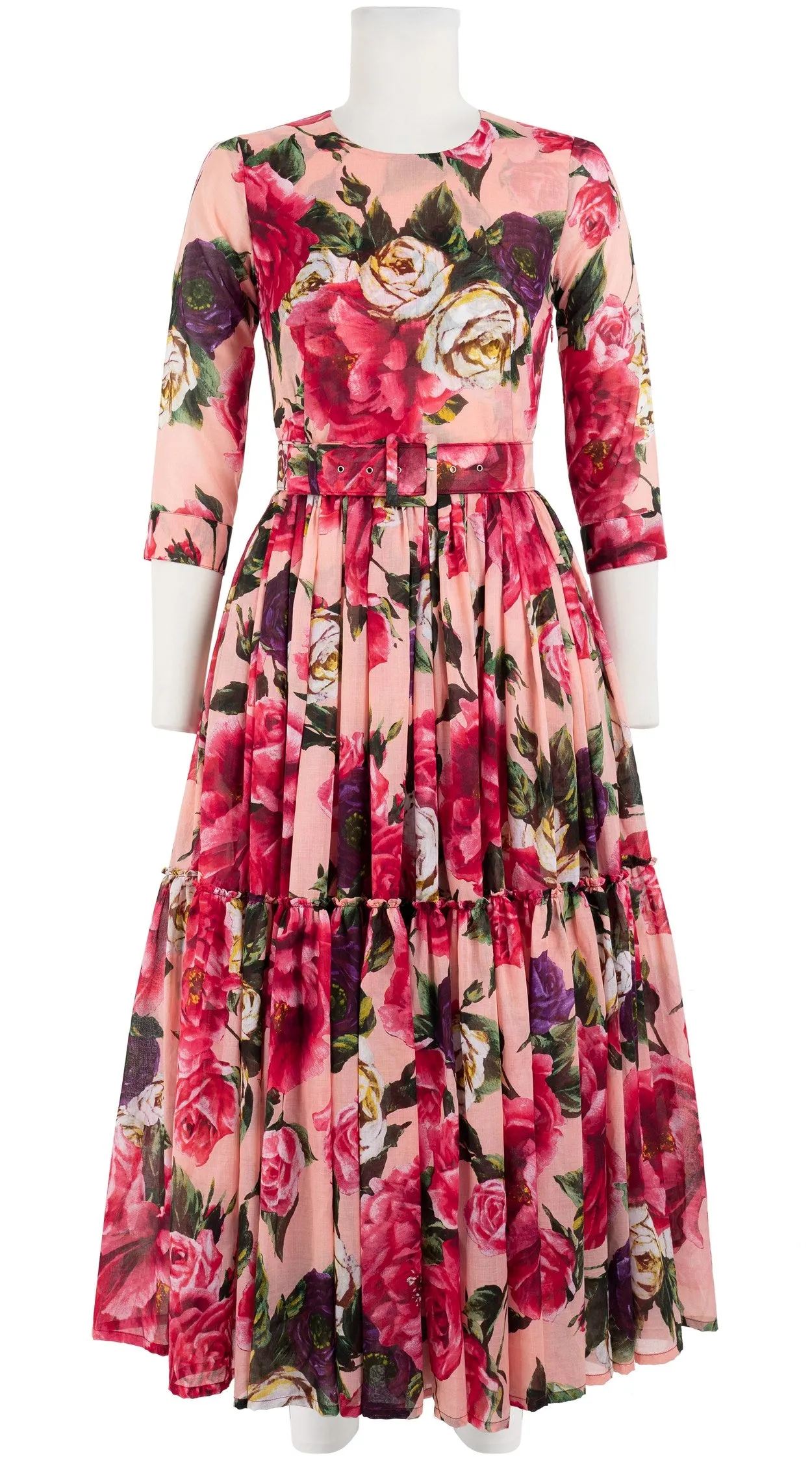 Melanie Dress #1 Crew Neck 3/4 Sleeve Midi Plus Length Cotton Musola (Peony Kimono All Over)