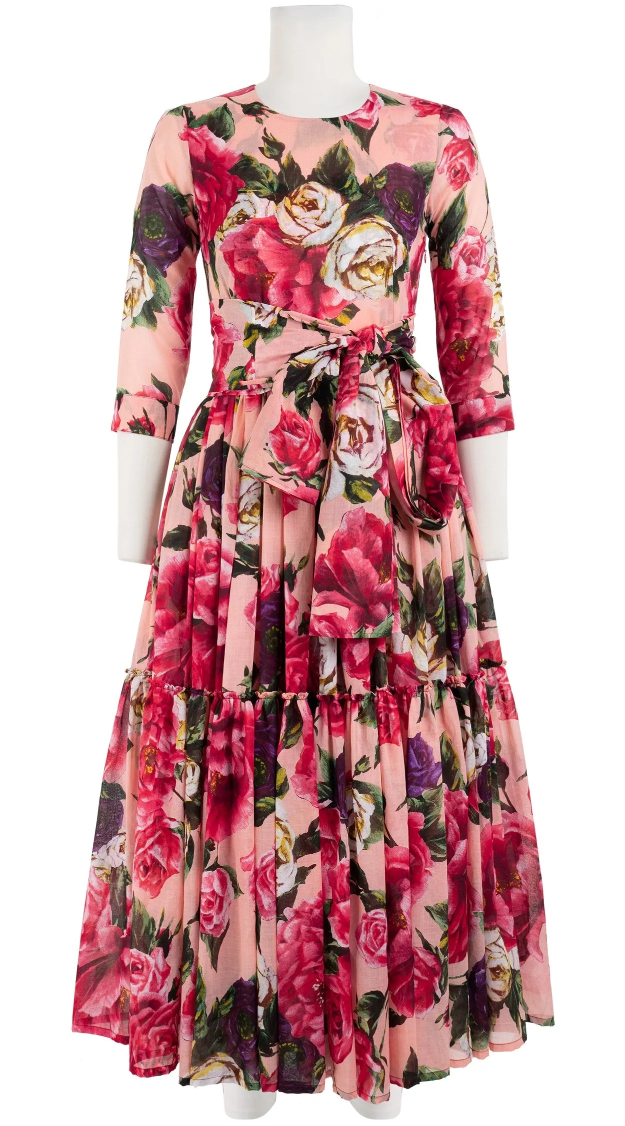 Melanie Dress #1 Crew Neck 3/4 Sleeve Midi Plus Length Cotton Musola (Peony Kimono All Over)