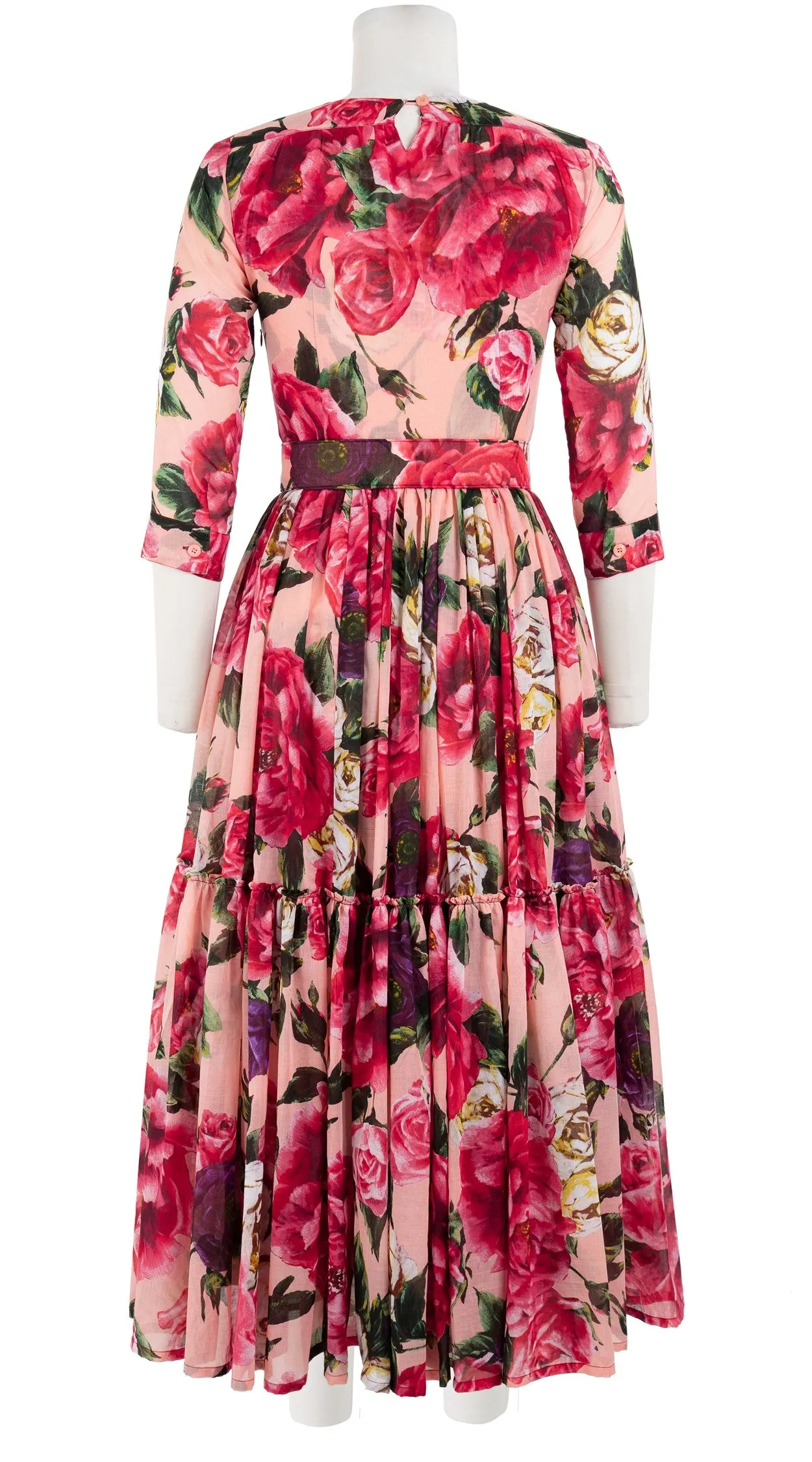 Melanie Dress #1 Crew Neck 3/4 Sleeve Midi Plus Length Cotton Musola (Peony Kimono All Over)