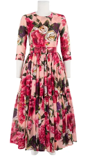Melanie Dress #1 Crew Neck 3/4 Sleeve Midi Plus Length Cotton Musola (Peony Kimono All Over)