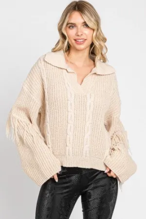 Natural Woven V Neck with Fringe