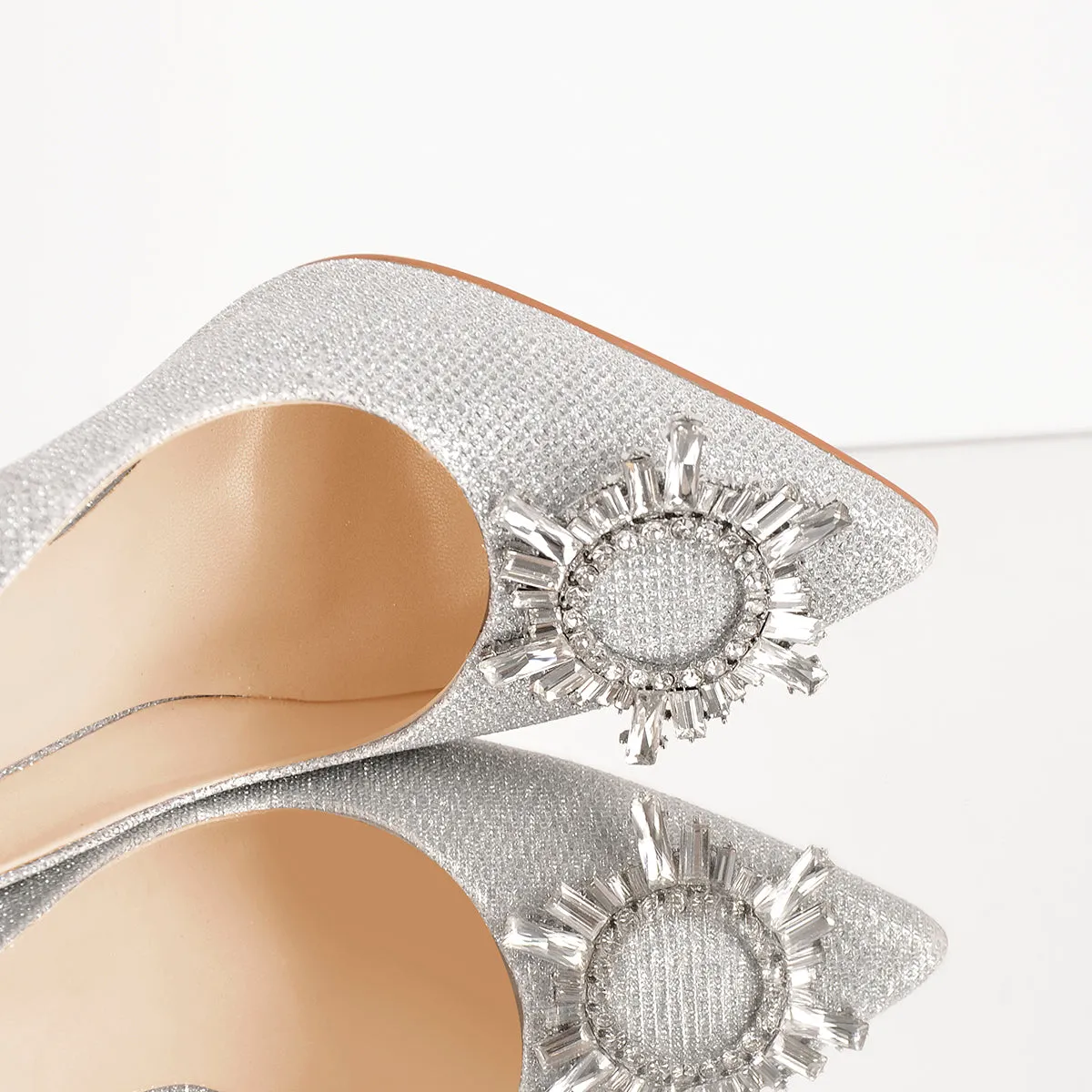 Silver Diamante Buckle Pointed Toe High Heel Pumps