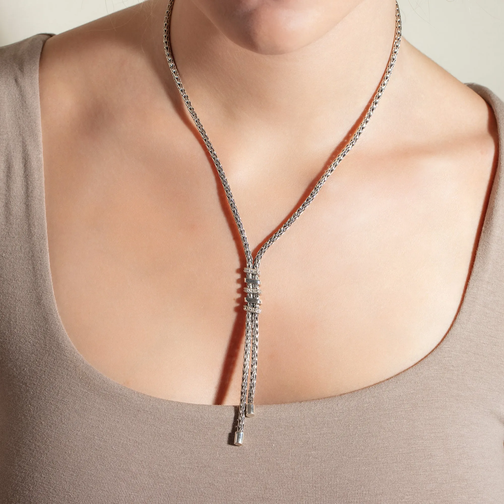 Silver Woven Spiral Lariat Necklace with White Sapphires