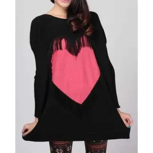Stylish Scoop Collar Heart Pattern Loose-Fitting Long Sleeve Women's Sweater - Black One Size