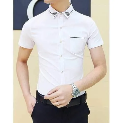 Stylish Shirt Collar Retro Totem Embroidered Slimming Short Sleeve Polyester Shirt For Men - White L