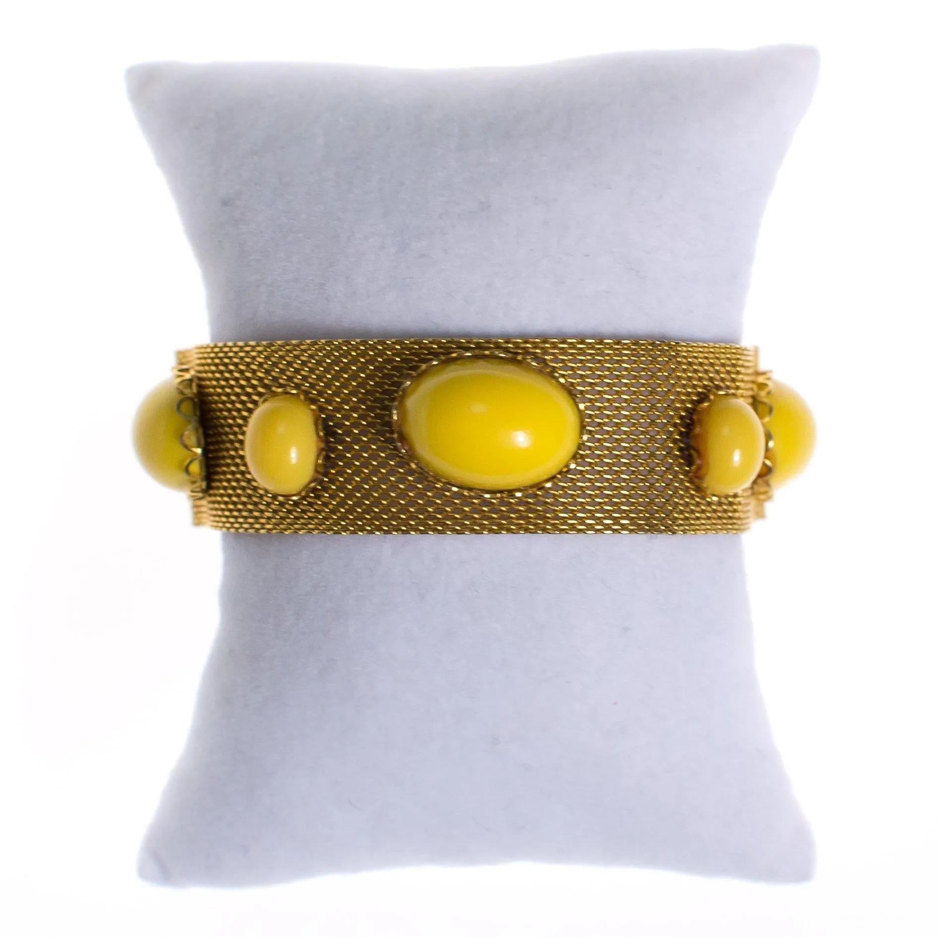 Vintage Gold Mesh Bracelet with Yellow Lucite Cabochons