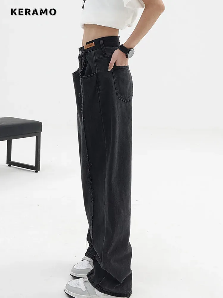 Women's Baggy  Long Jeans Black Wide Leg Trousers Streetwear Vintage High Waist Denim Pants Big Pocket