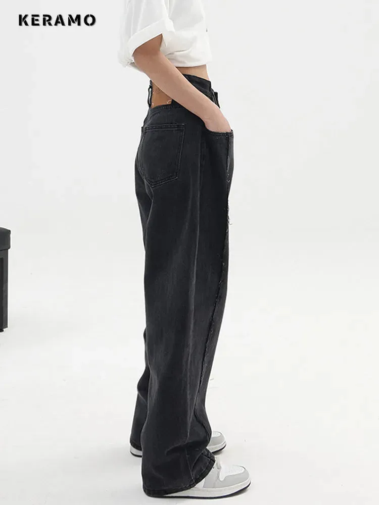 Women's Baggy  Long Jeans Black Wide Leg Trousers Streetwear Vintage High Waist Denim Pants Big Pocket