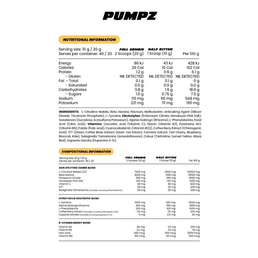 ZOMBIE LABS PUMPZ PRE-WORKOUT 40 SERVES - DATED 2/25